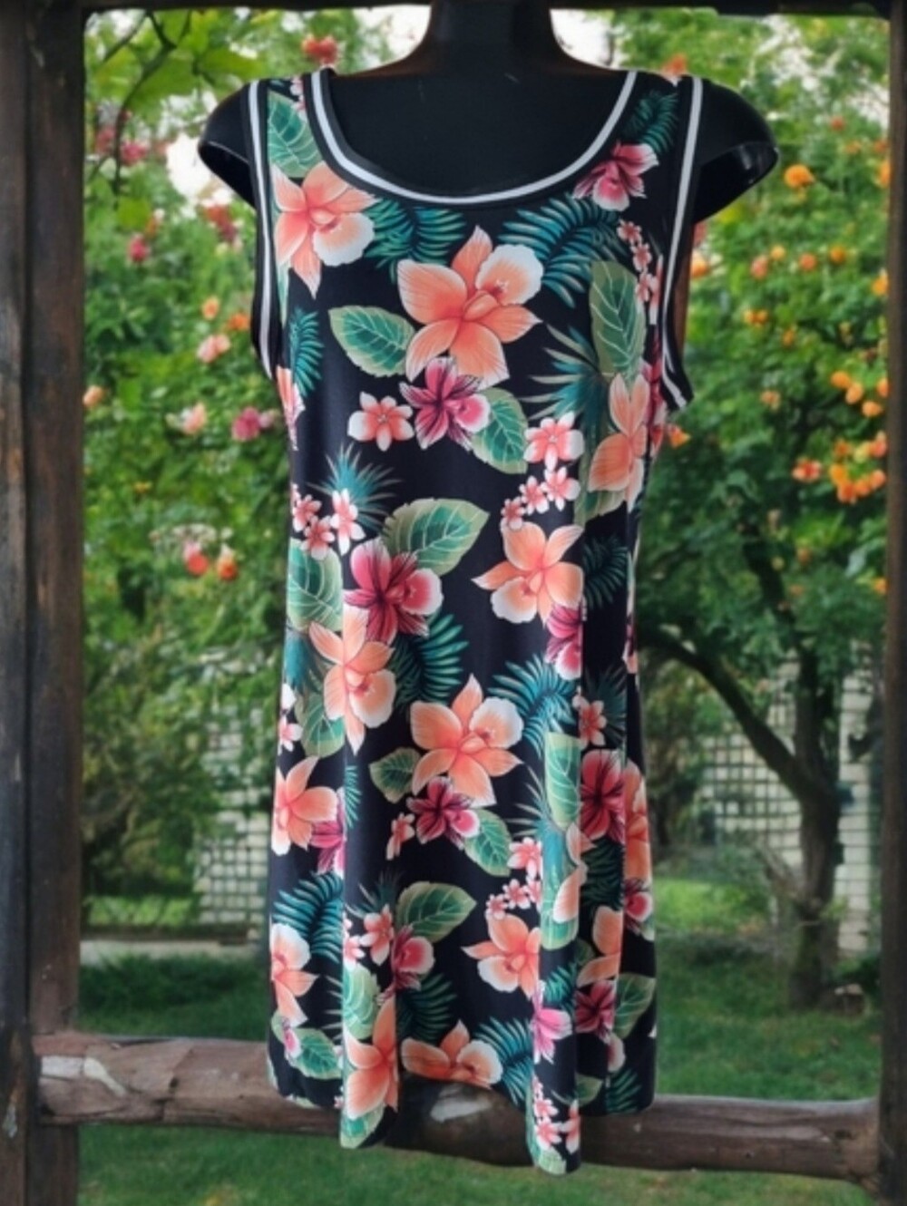 French Atmosphere Black Tropical Floral Sleeveless Stretchy Dress Size XL